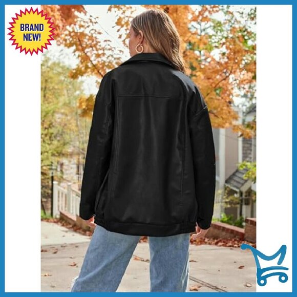 Oversized Faux Leather Motorcycle Jacket - Zipper Closure Fall Coat - Picture 5 of 7